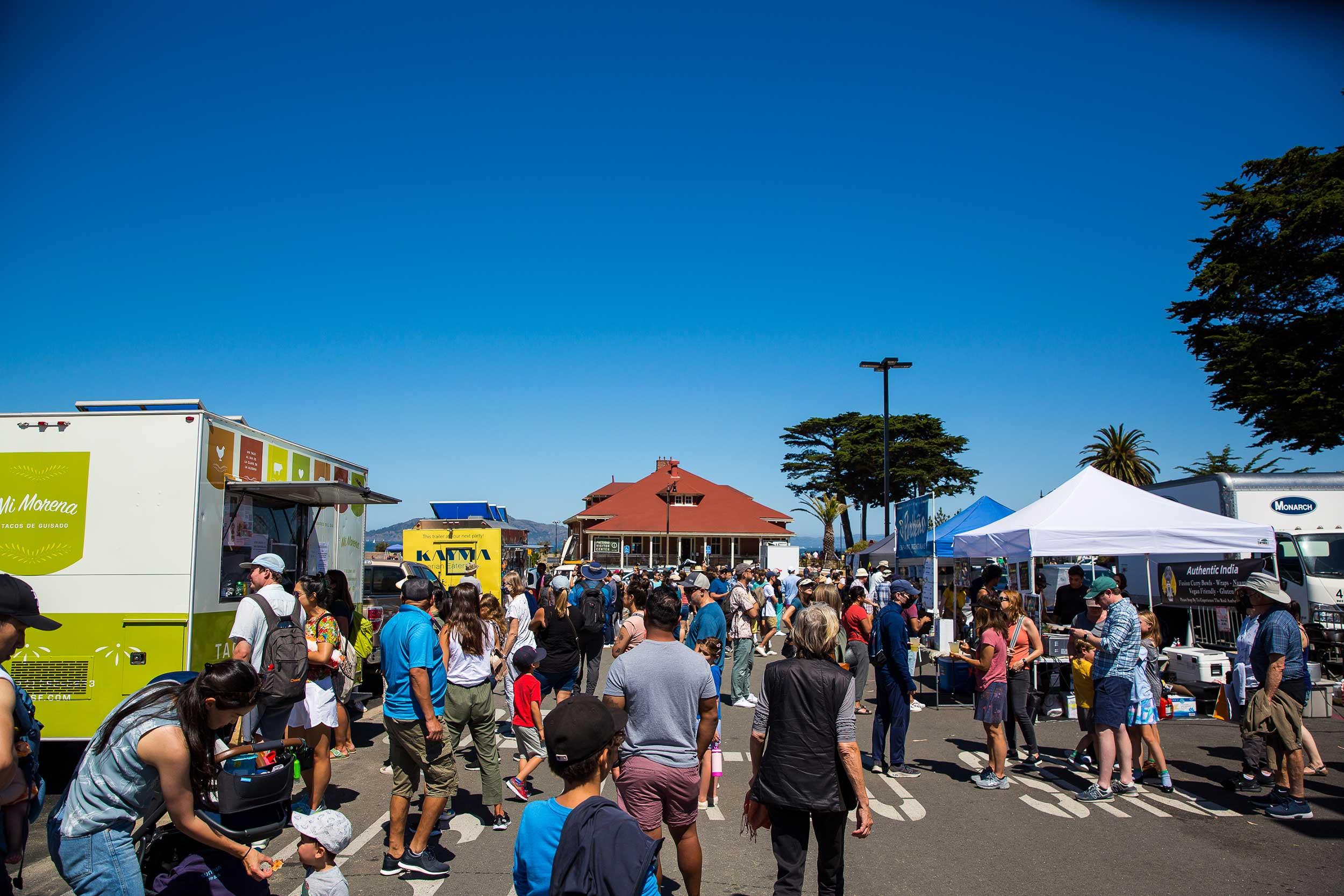 Trucks and people gathered at the Presidio Pop Up.