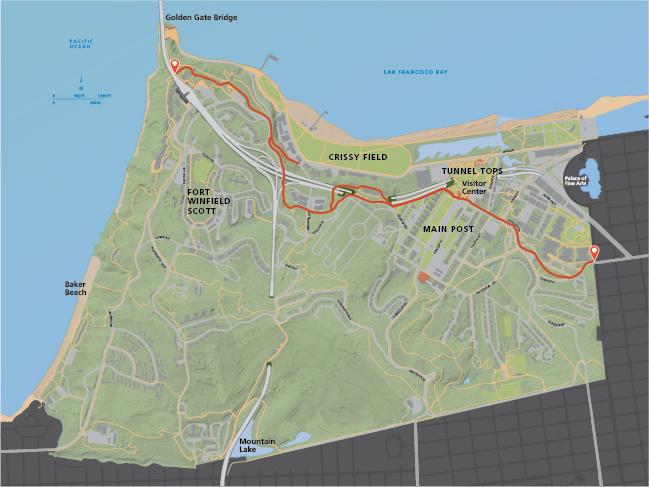 Map of the Presidio Promenade Trail showing the trail runs from the Lombard Gate to the Golden Gate Bridge.