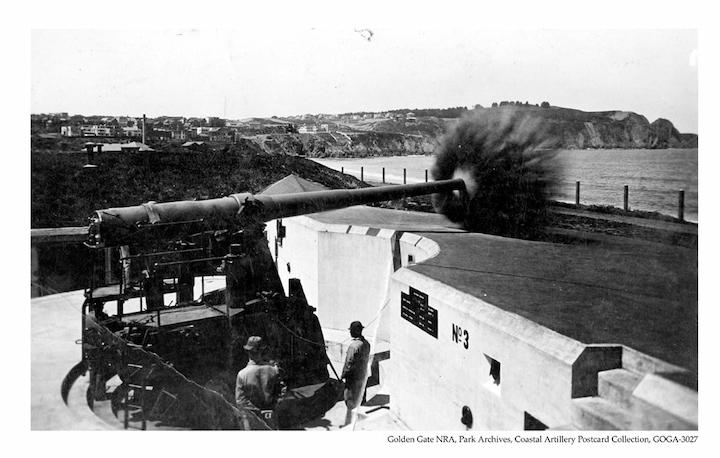 A historic black and white photo of Battery Chamberlin. Photo courtesy of the Golden Gate National Recreation Area Park Archive.
