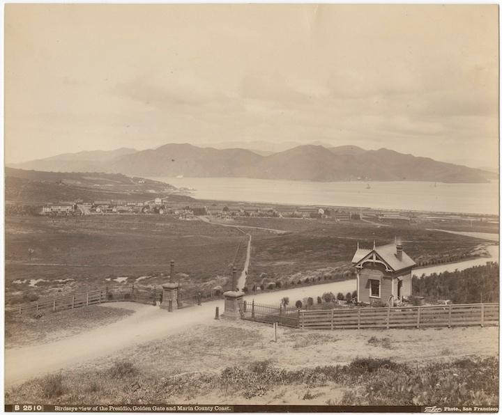 Looking northwest down Lovers' Lane toward main post from Presidio Gate. mage courtesy California State Library.